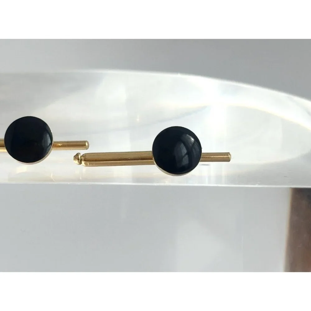 Faux Black Onyx Minimalist Stone Silver Toned Vintage Men's Cuff Links